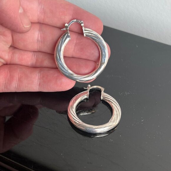 Vintage Sterling 925 Silver Hoop Earrings, Sculptural - Picture 3 of 4